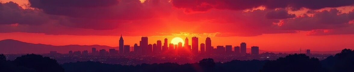 Fototapeta premium Dramatic LA skyline at sunset, silhouettes against fiery sky , cityscape, orange