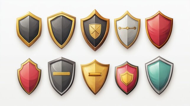 Colorful shield icons; security, protection; white background; game design