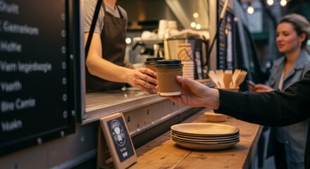 Ordering a hot beverage from a vibrant outdoor food truck setting