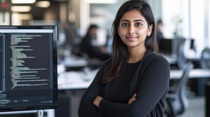 A confident South Asian female IT professional stands in her modern office workspace, showcasing her expertise in coding and technology.