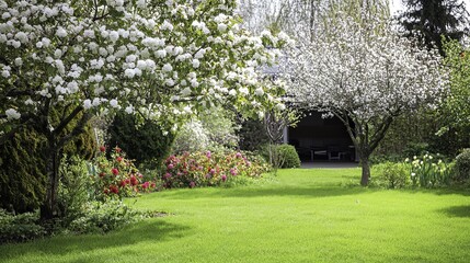 Obraz premium Springtime view of a home exterior featuring lush green grass, blooming trees, and flowering bushes under natural ambient light with a clean and simple composition