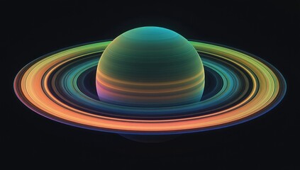 Vibrant rainbow planet with rings in space.