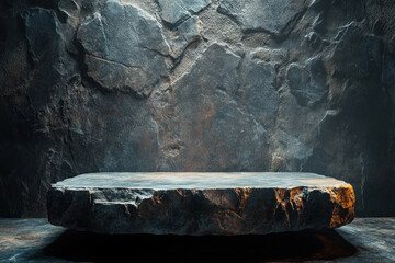 Large stone table in a dimly lit room with flickering candles casting shadows, creating a mysterious and eerie atmosphere.