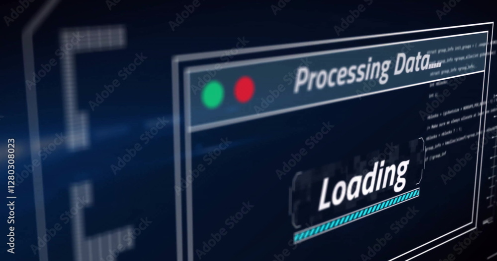Poster image of digital data processing and text over black background
