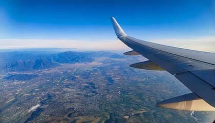 Fototapeta premium Soaring Above: Aerial view from an airplane window, capturing the majestic expanse of the sky and the land below with a captivating view of the wing. 