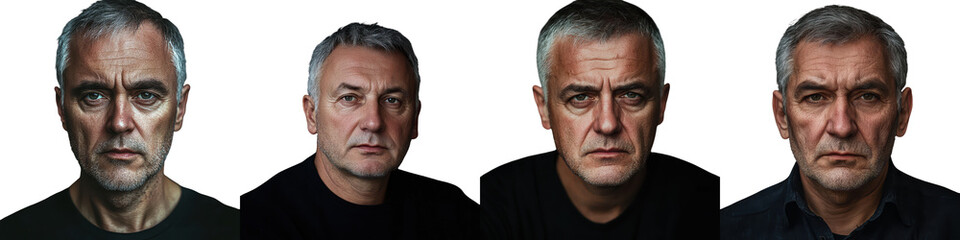 Fototapeta premium Serious thoughtful portrait of a mature gray haired businessman in a monochrome minimalist studio setting The man has a stern contemplative expression conveying a sense of experience authority