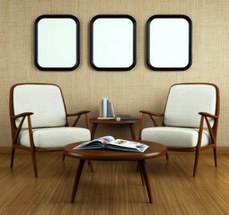 Mid Century Modern Living Room Interior with Beige Armchairs and Wooden Coffee Table