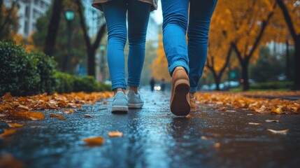 Autumn Stroll: A Couple's Rainy Day Walk Through Golden Leaves