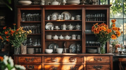 Antique china cabinet, flowers, sunlit room, display