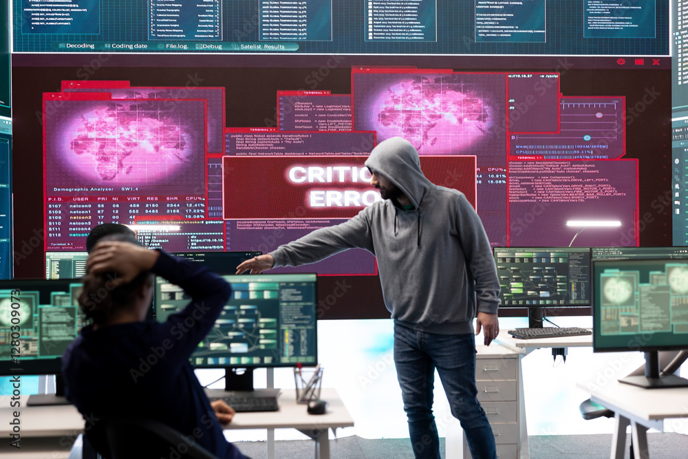 Poster hackers group failing to hack a system in high tech agency office, reading critical error message on
