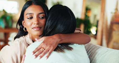 Fake, friends or women hug in house living room on sofa together with deceit, dishonesty or...