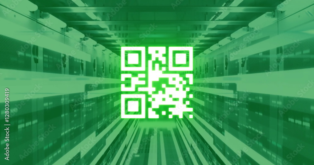 Poster image of qr code with moving columns over server room