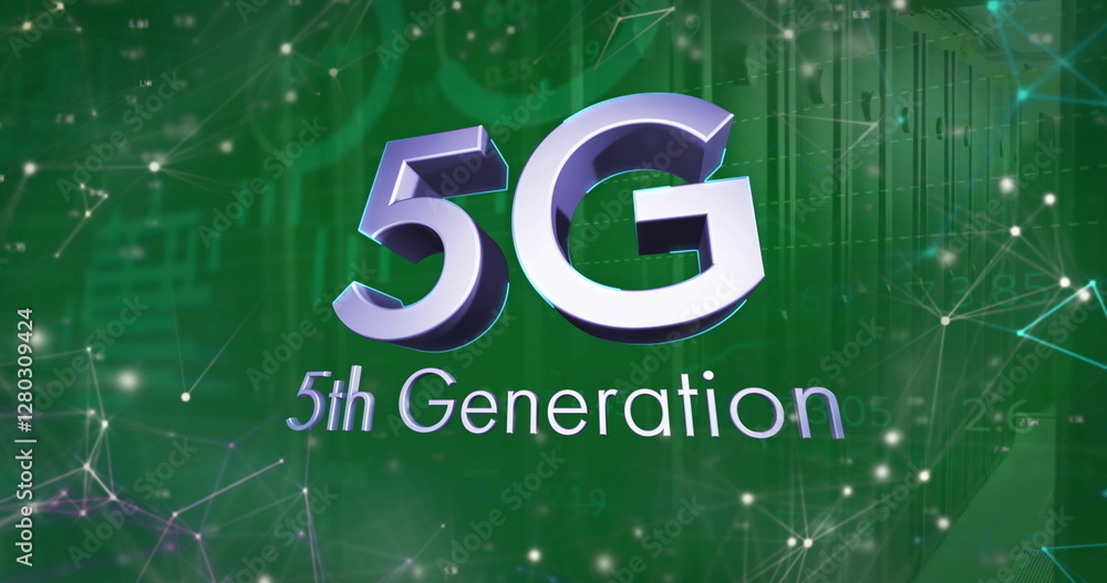 Poster image of 5g 5th generation text with network of connections and data processing over server room