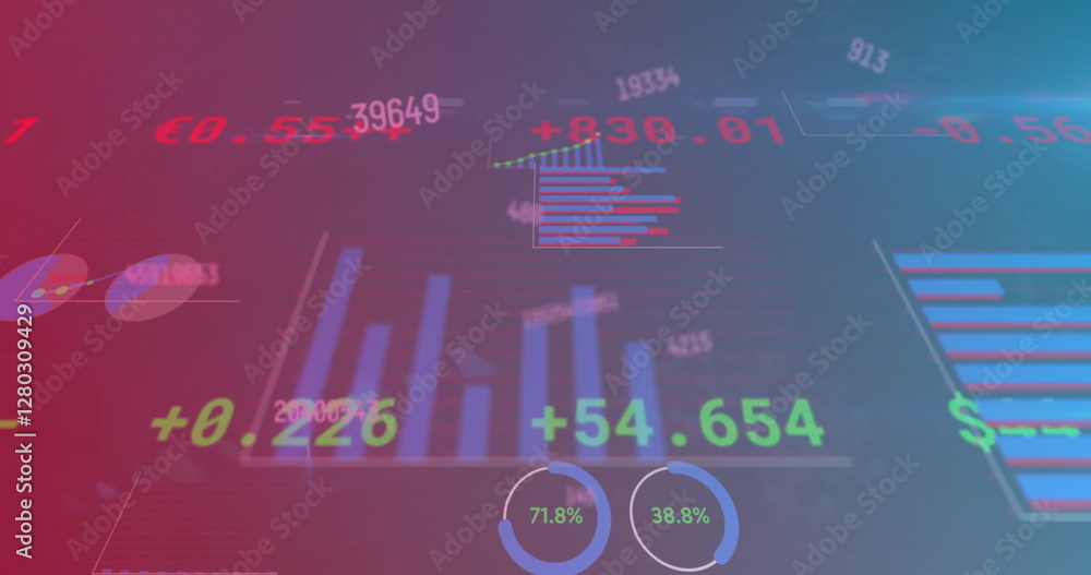 Poster image of charts and financial data processing on dark background