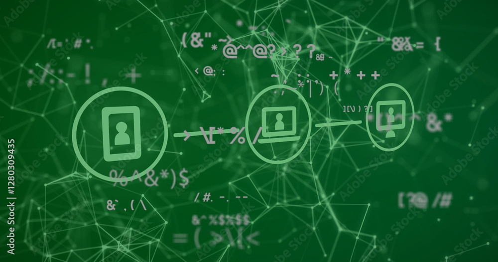 Poster image of data processing and network of connections with icons on green background