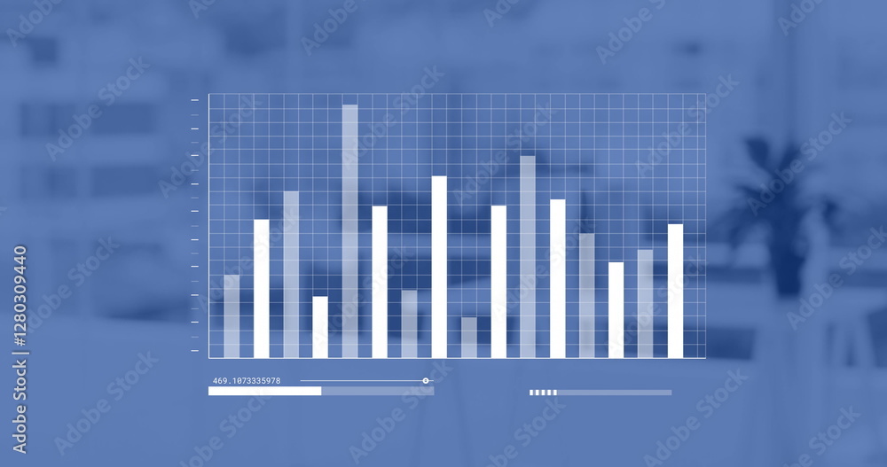 Poster Image of data processing and diagrams over empty office