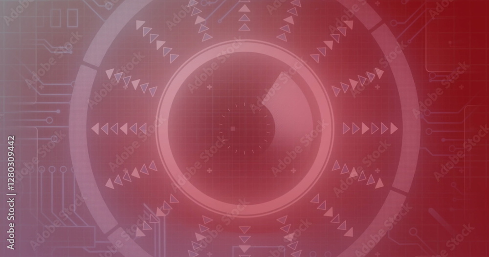 Poster image of circular scanner processing over motherboard network on dark red background