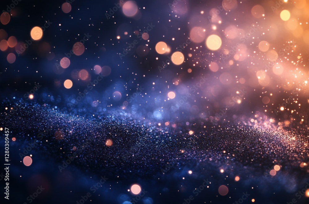 Poster bokeh and glittering particles creating a mystical background in shades of blue and orange for creat