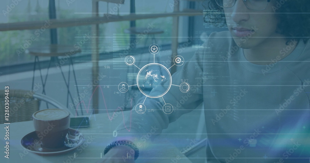 Poster image of network of connections with icons over data processing and biracial man using laptop
