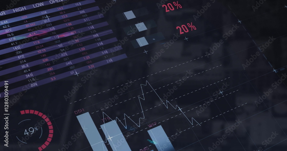 Poster image of data processing and diagrams over cityscape