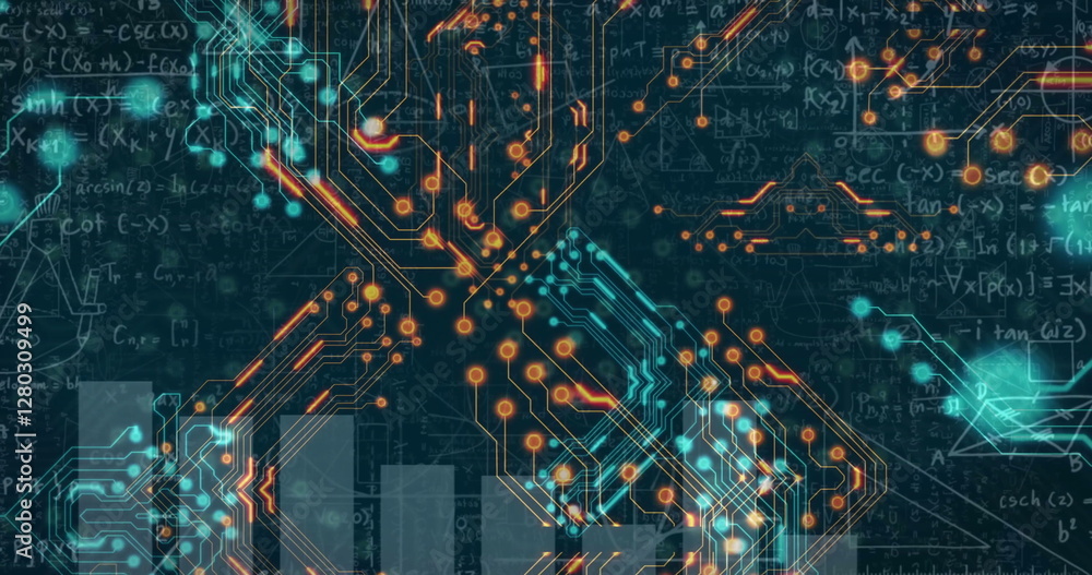 Poster image of circuit board and digital data processing over computer servers