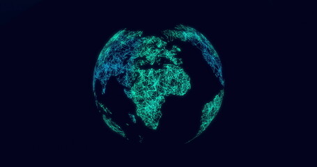 Image of global network of connections over rotating over blue curves on black background