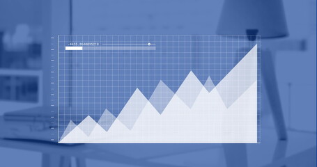 Image of data processing and diagrams over empty office