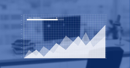 Image of data processing and diagrams over empty office