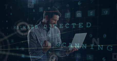 Image of network of connections with icons over caucasian man using laptop