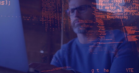 Image of data processing over caucasian man using laptop