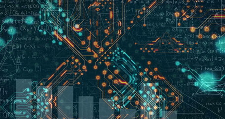 Image of circuit board and digital data processing over computer servers