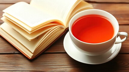Naklejka premium Tea, book, wood table, reading, cozy, home, relaxation, calm, background, literature