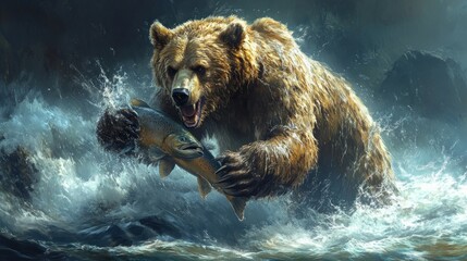 Grizzly bear catching salmon in river, splashing water, dark rocks