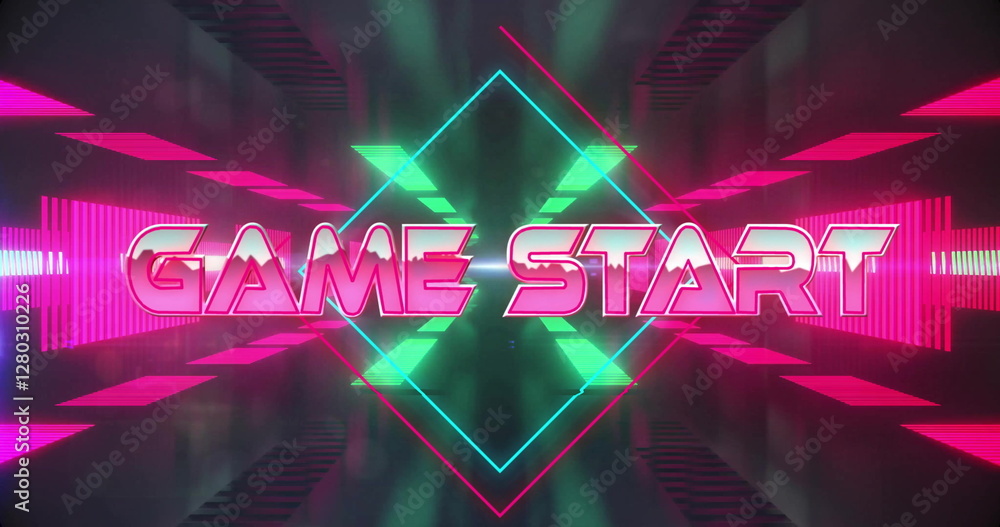 Poster image of game start text over neon pattern background