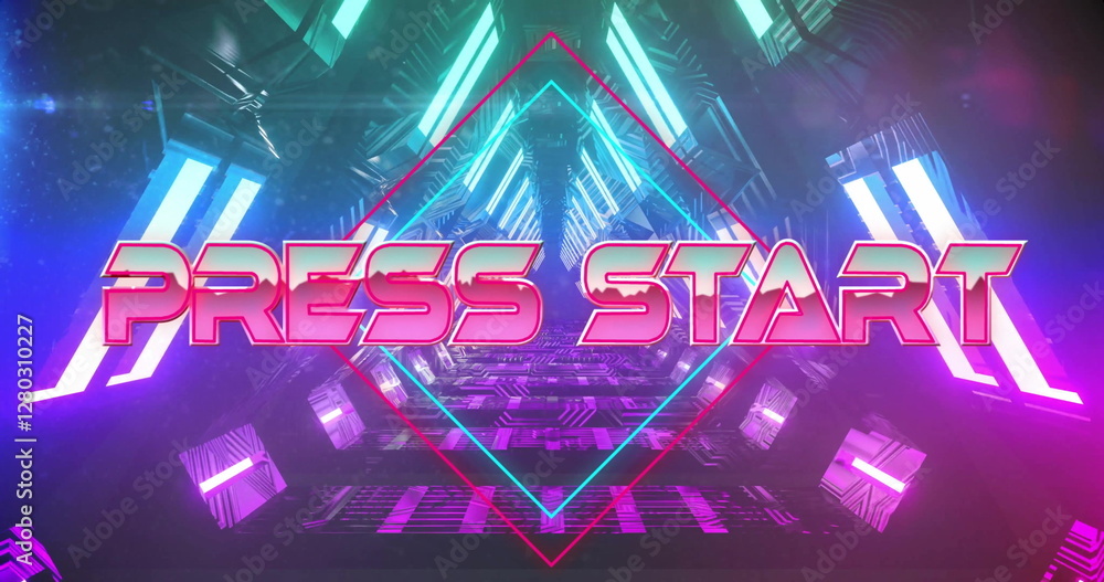 Poster image of press start text over neon pattern background