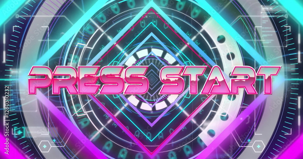 Poster image of press start text over neon pattern background