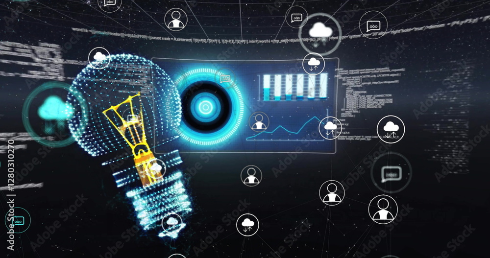 Poster image of light bulb and digital data processing over dark background
