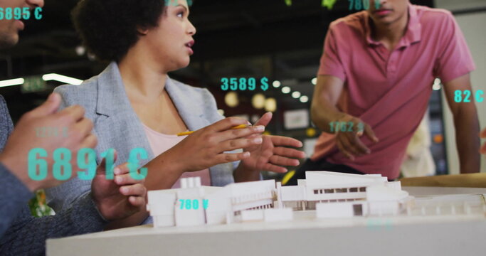 Image of data processing over diverse colleagues discussing work in office