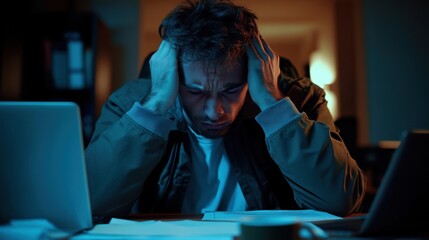 Worried user sitting at a desk, rubbing their temples in distress. Featuring emotional strain and mental exhaustion