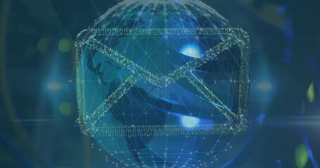 Image of email icon, globe and digital data processing over dark background