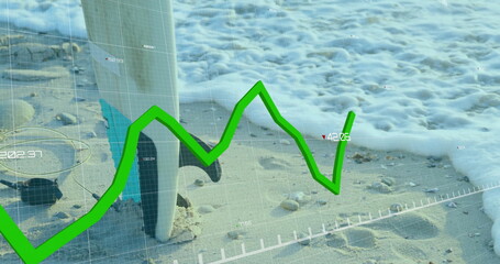Image of financial data processing over surfeboard on beach