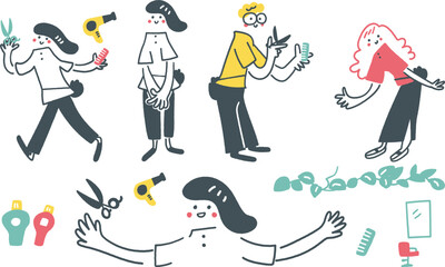 ヘアサロンで生き生きと働く女性　セットのストックイラスト素材	
