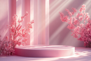 Pink wallpapers adorned with vibrant flowers complement a delicate pink vase, creating a harmonious and elegant atmosphere.