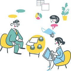 コンサルティングやマーケティング事務所で顧客と接する女性　セットのストックイラスト素材
