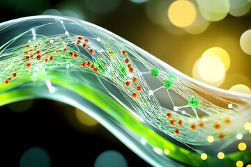 Abstract representation of molecular structures flowing through a vibrant background of light