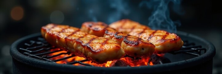Grilled food on charcoal grill, smoky atmosphere, fire, smoke