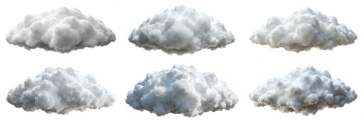 The image is a collection of six different cloud formations, all of which are white and fluffy. The clouds vary in size and shape, creating a sense of depth and dimension in the scene