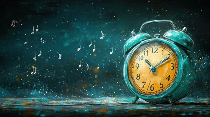 Teal alarm clock, music notes, dark wood, night, time management