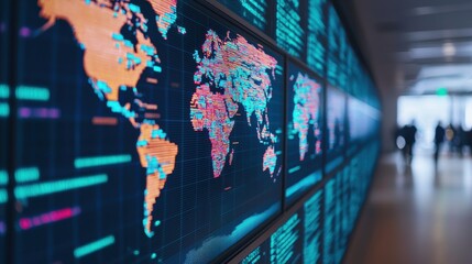 Fototapeta premium Futuristic Corporate Lobby with Digital World Map and Data Visualization