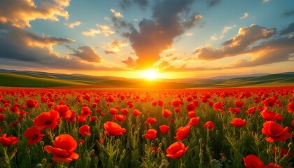 Vibrant red poppy field, Rolling hills landscape, Golden sunset